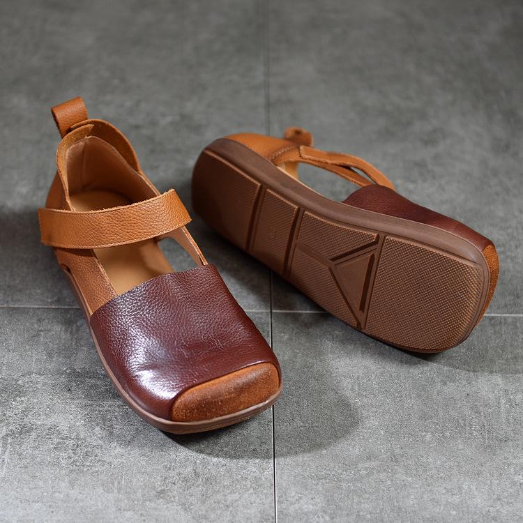 Johnature Retro Genuine Leather Sandals For Women's Mixed Colors Square Toe Soft Sole Flat Shoes