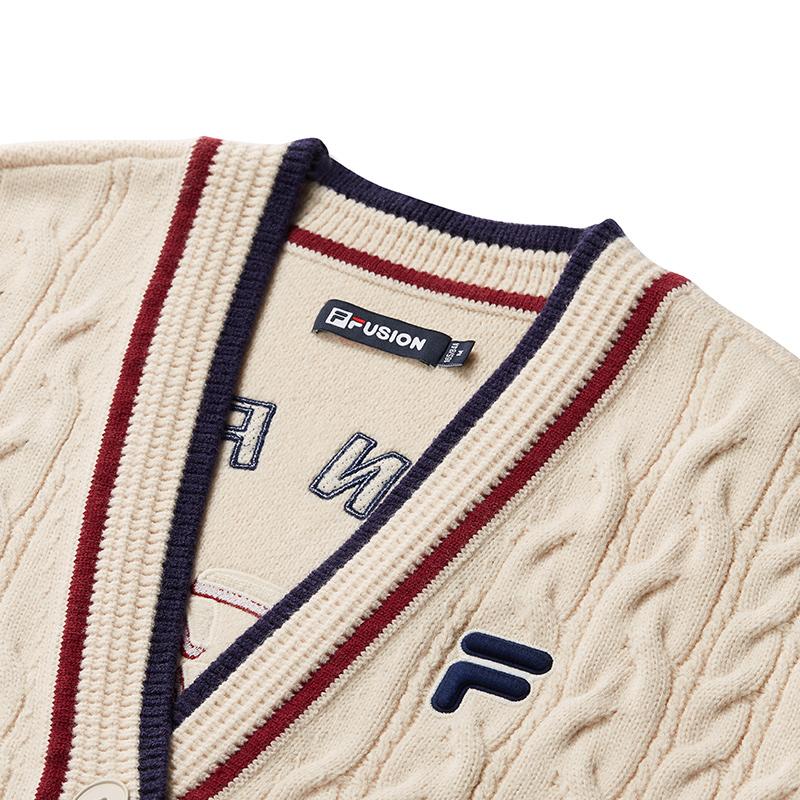 Fila Fusion Retro College Fashion Versatile V-Neck Knit Sweater Women Tops Milk-Beige T11W433403FBG