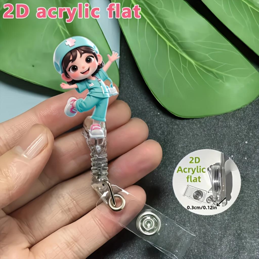 2D Flat Acrylic Nurse Girl With Nurse Cap Retractable Badge Reel, Sturdy Medical ID Tag Clip Accessory For Medical Students Nurses And Hospital Worker