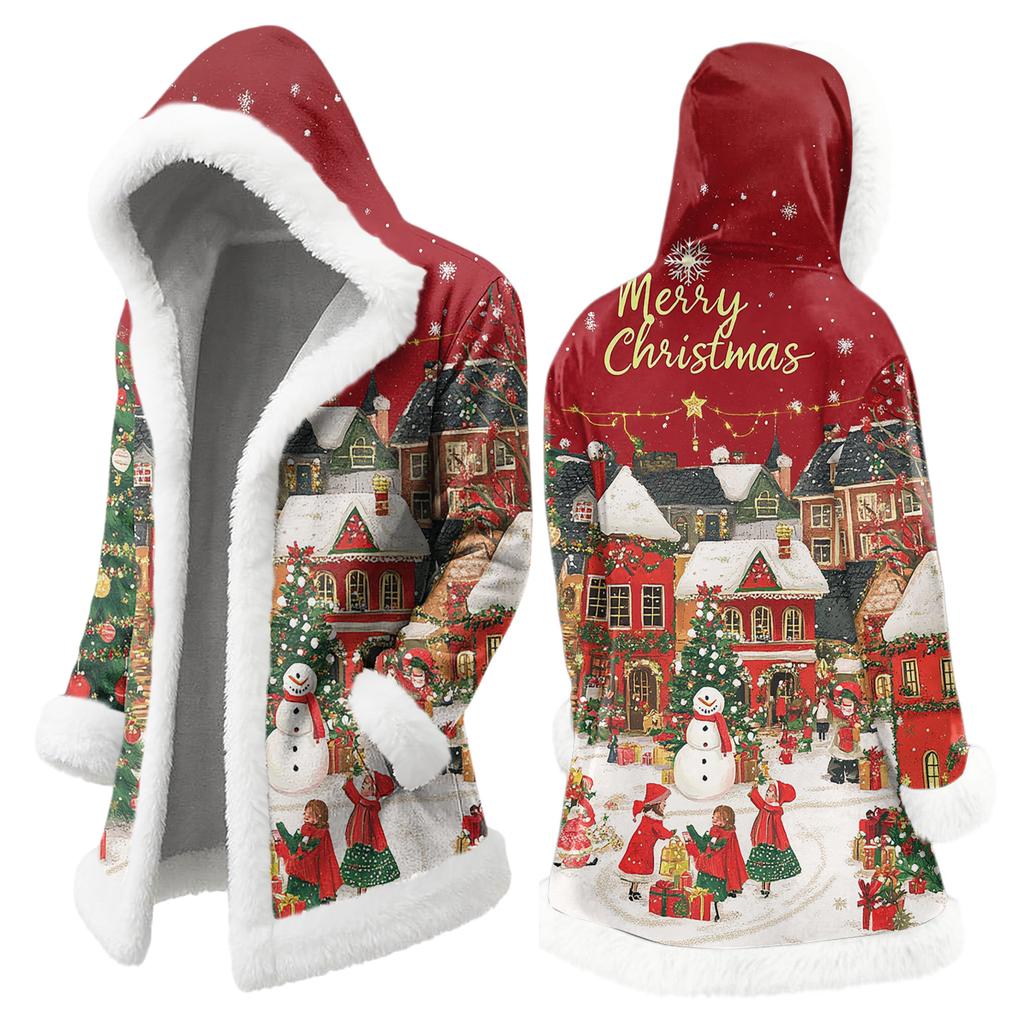 Men's Christmas Long Hooded Cardigan With Pockets Warm Jacket