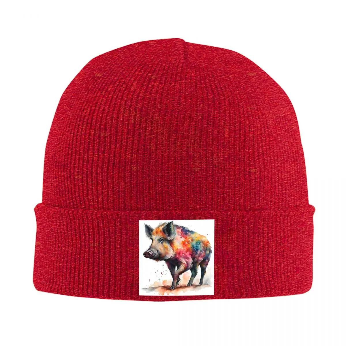 Colorful Watercolor Wild Boar Pig Warm Knitted Cap Fashion Bonnet Hat Autumn Winter Outdoor Beanies Hats for Unisex Adult One Size