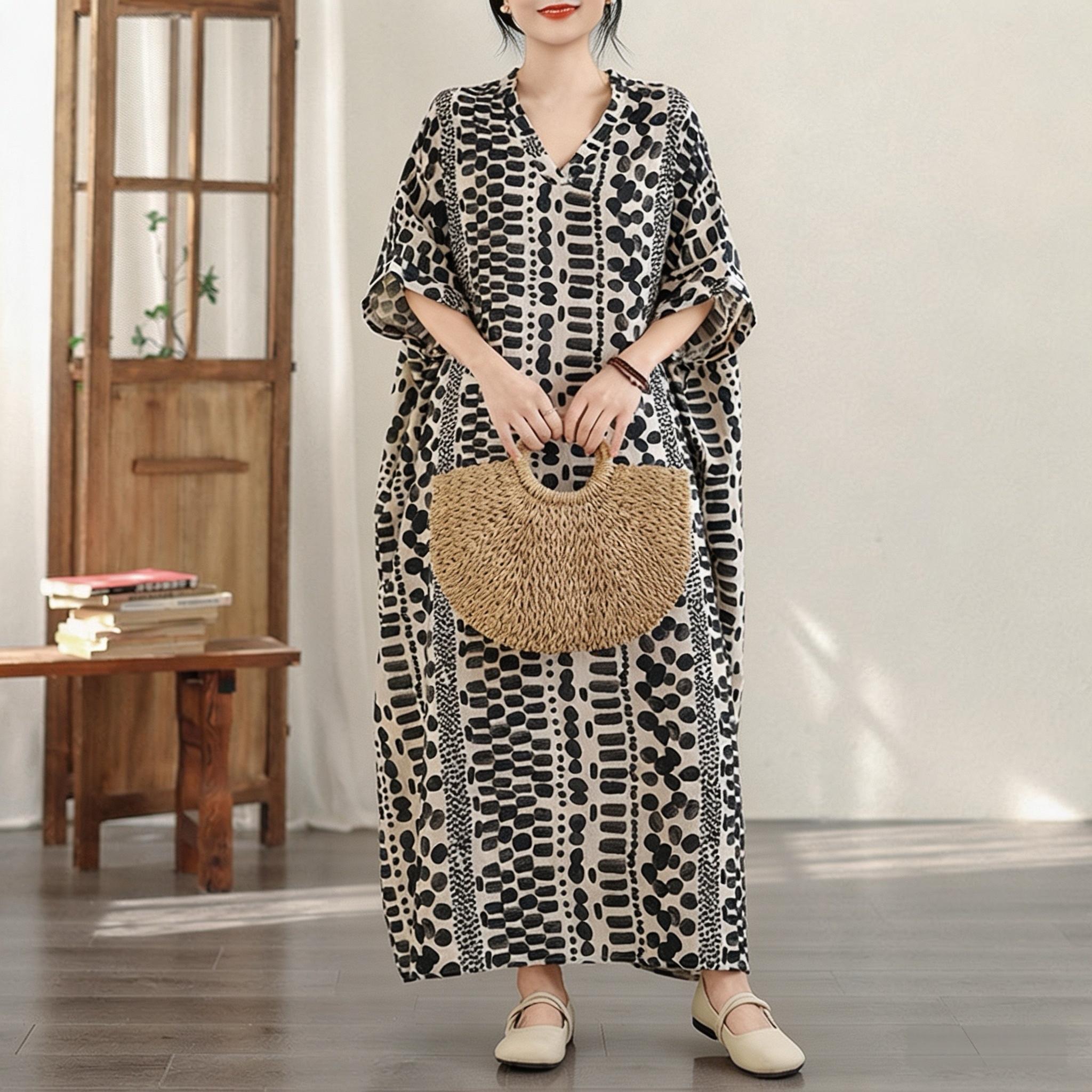 

DIMANAF New 2026 Women Plus Size Spring Summer Beach Vintage Long Dress Loose Oversize Maxi Floral Print Black One size