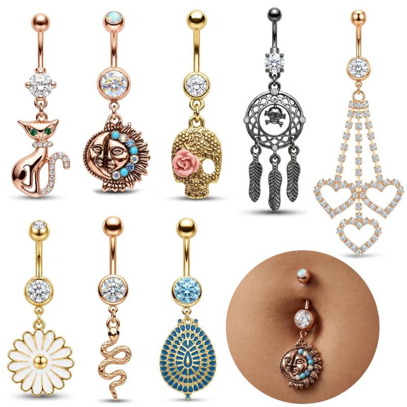 Stainless Steel Dangle Belly Button Rings Cat Sun Skull Navel Piercing Jewelry Women Trendy Cz Crystal Ombligo Body Piercing