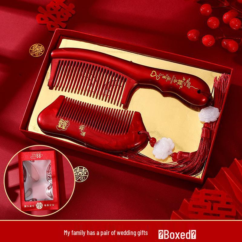 Bordowy Drewniany Zestaw Grzebieni Ślubnych z Lusterkiem - Pudełko na Prezent Weselny Panny Młodej