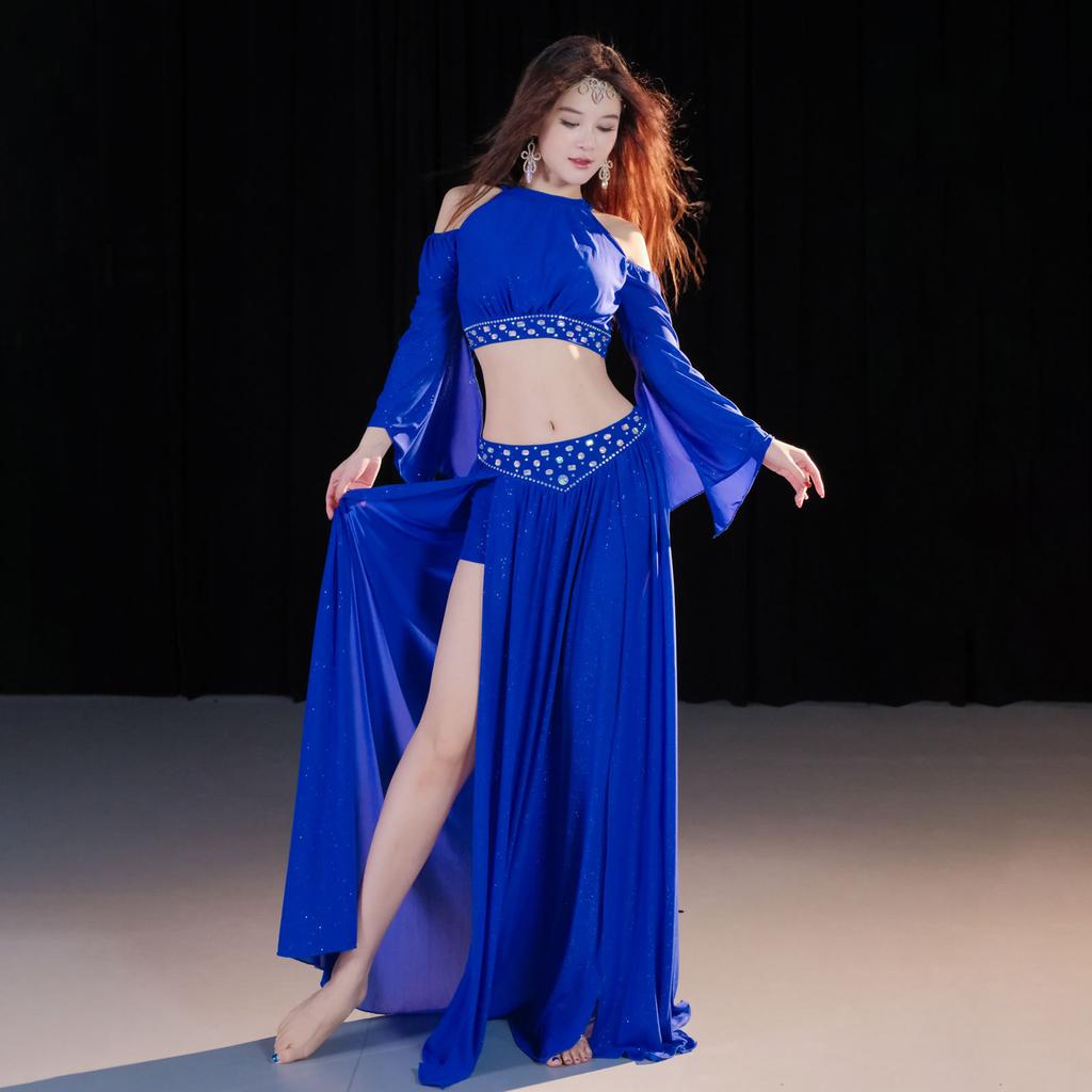 2026 Set Due Pezzi Lucido a Maniche Lunghe per Danza del Ventre da Donna Costumi Orientali a Doppio Spacco per Danza del Ventre Abbigliamento da Ballo per Performance
