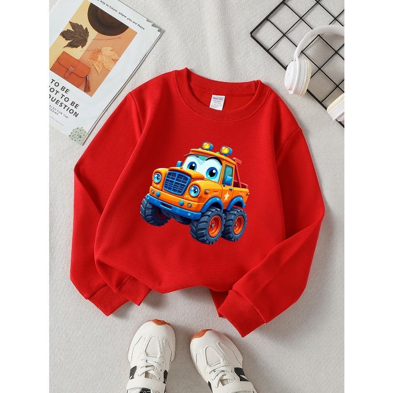 European Sizes Cartoon Monster Truck Orange Blue Eyes Girls' Crew Neck Fashion Sweatshirt, Autumn Winter Western Top, Long Sleeved Casual.