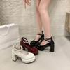 Französische Perlen Mary Jane Damen Runde Spitze Flacher Mund Ein Schnallenriemen Blockabsatz Plateau Pumps