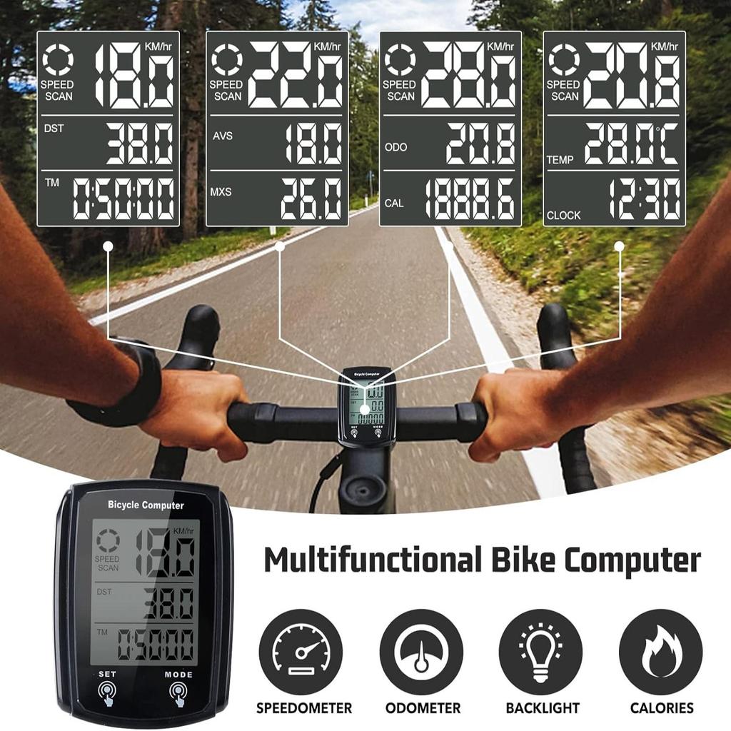 Kablet sykkelcomputer, MPH KM/H sykkelcomputer, digital LCD-skjerm med bakgrunnsbelysning Sykkelhastighetsmåler, vanntette sykkelcomputere kilometerteller