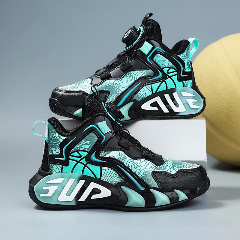 Boys basketball shoes autumn and winter new leather waterproof boys shoes button sneakers black dirt-resistant actual combat sneakers