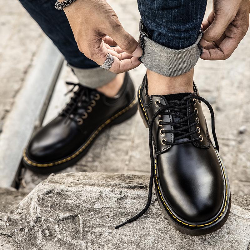 Pánské kožené boty s tlustou podrážkou v britském stylu - nízké formální boty s kulatou špičkou