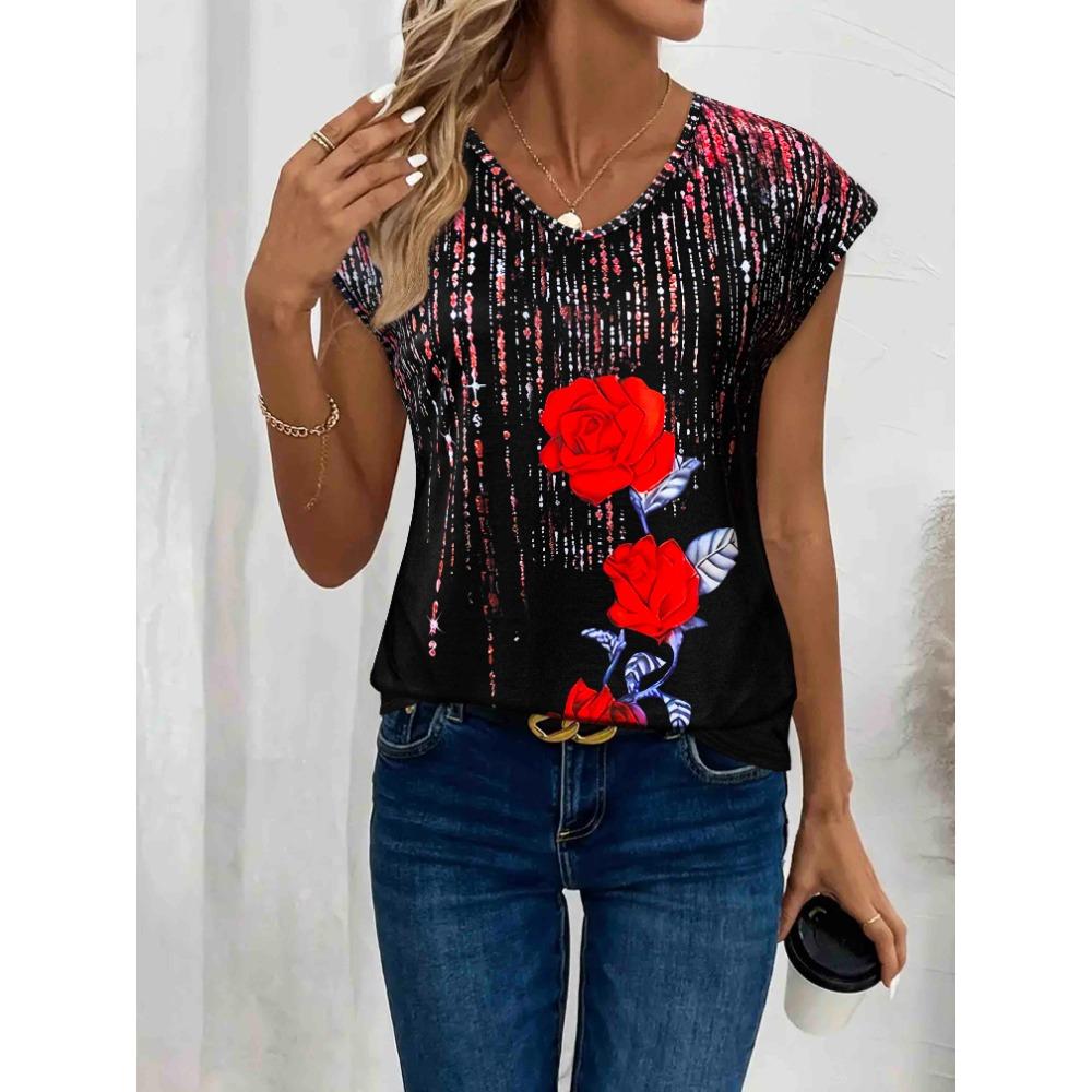 

Женские свободные летние топы с коротким рукавом и V-образным вырезом с рисунком розы S чёрный