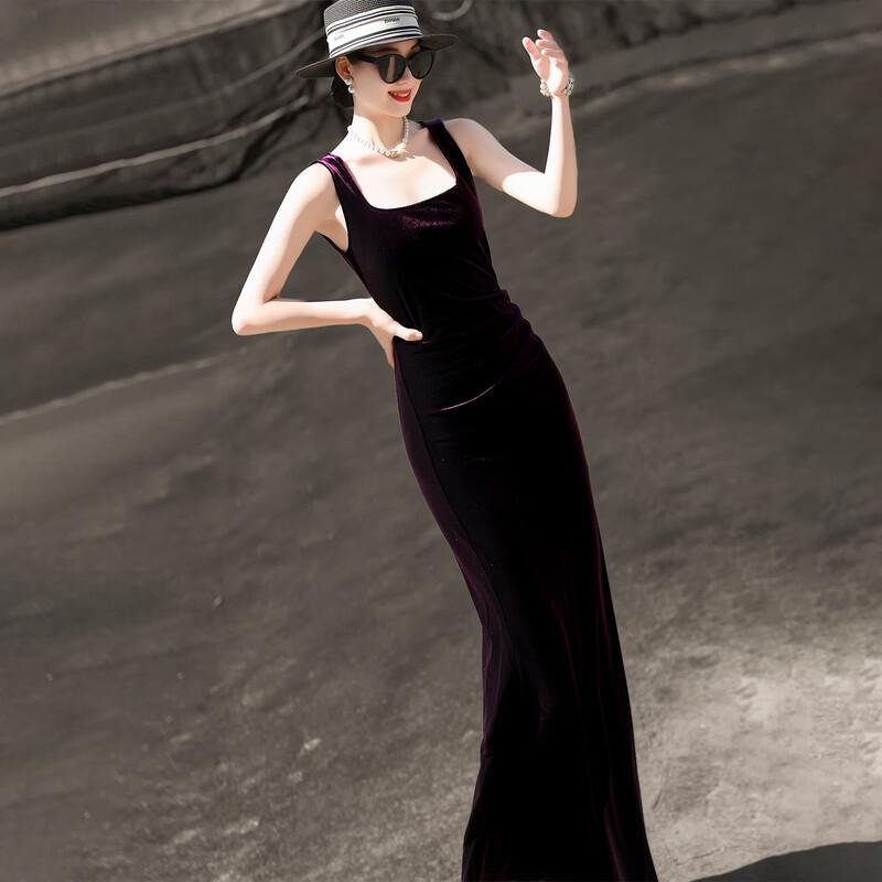 Women's Elegant French Retro Fishtail Velvet Sling Dress