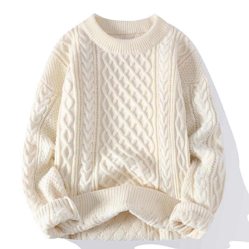 Men's Casual Winter Cable Knit Sweater - European & American Style, Solid Color, Round Neck Pullover