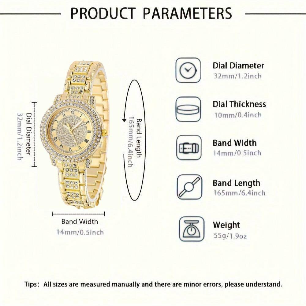 6pcs Luxury Rhinestone Women Quartz Watch With Rhinestone Bracelet Necklace Ring And Earrings Fashion Jewelry Set For Daily Wear