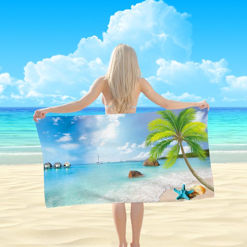 Scenic Beach Print Microfiber Towel Quick Dry Sand Free Large Bath Towel with Seagull Sailboat Palm Tree for Swimming Travel