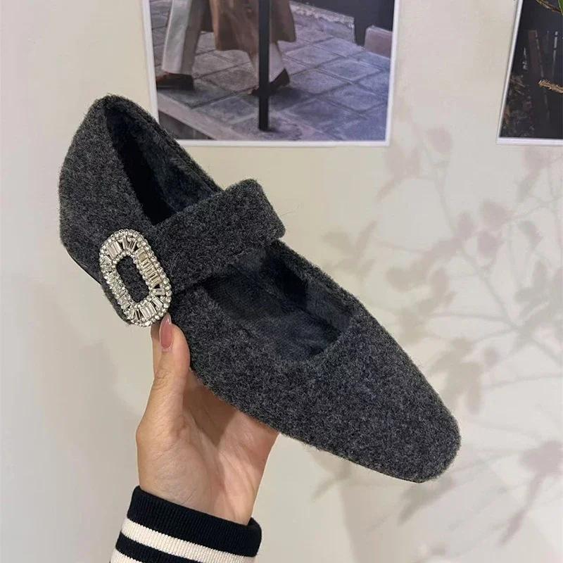 Fashion Warm Fleece 3CM Women Mary Jane Shoes Fashion Crystal Buckle 2025 Spring Wedding Party Female Shoes