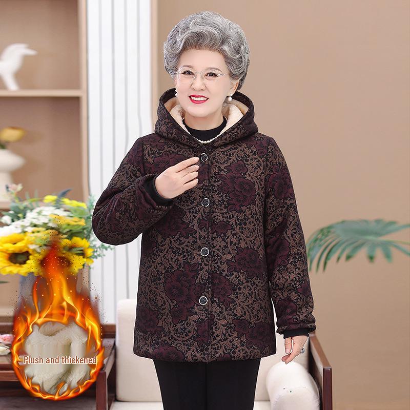 Grandma Winter Hooded Cotton Jacket - Thick, Warm, Plus Velvet for Middle-Aged & Elderly Women
