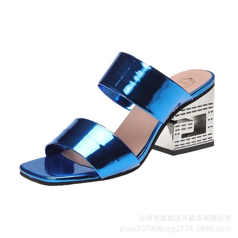 Fashion Women Fashion Patent Leather Sandals 2024 Summer Thick High Heels Slippers Woman Outdoor Solid Color Slip on Beach Flip Flops