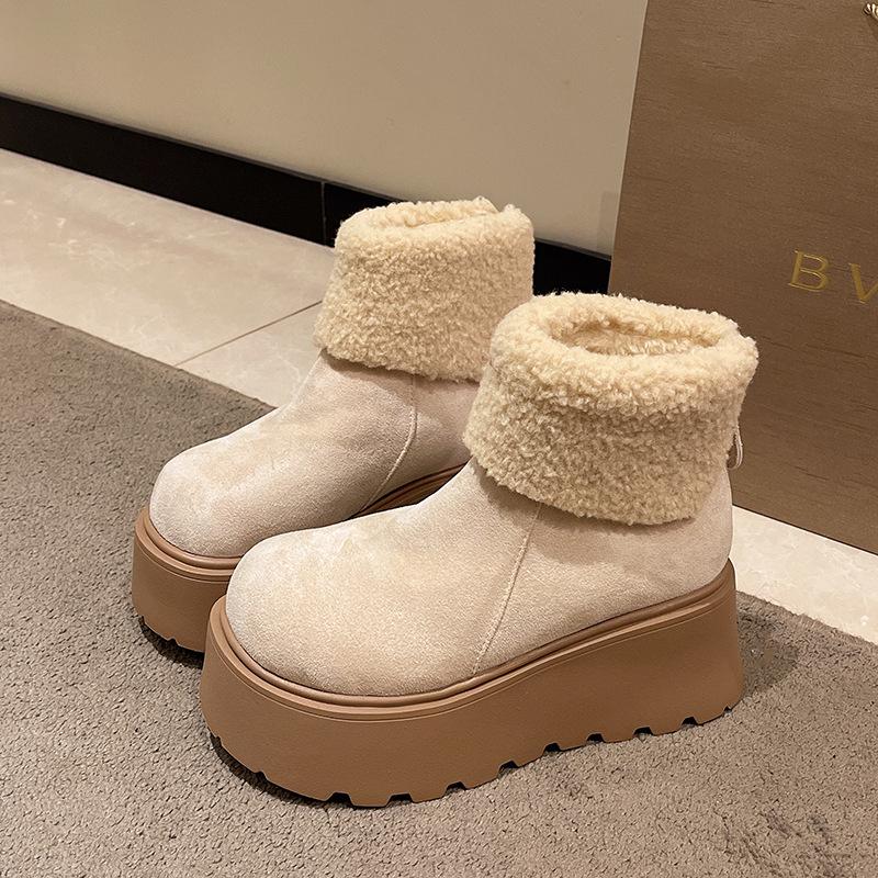 2025 New Winter Cotton Shoes Heightened Ugly Snow Boots Women's Fashion Warm and Velvet Thick-soled Big-headed Fluffy Short Boots