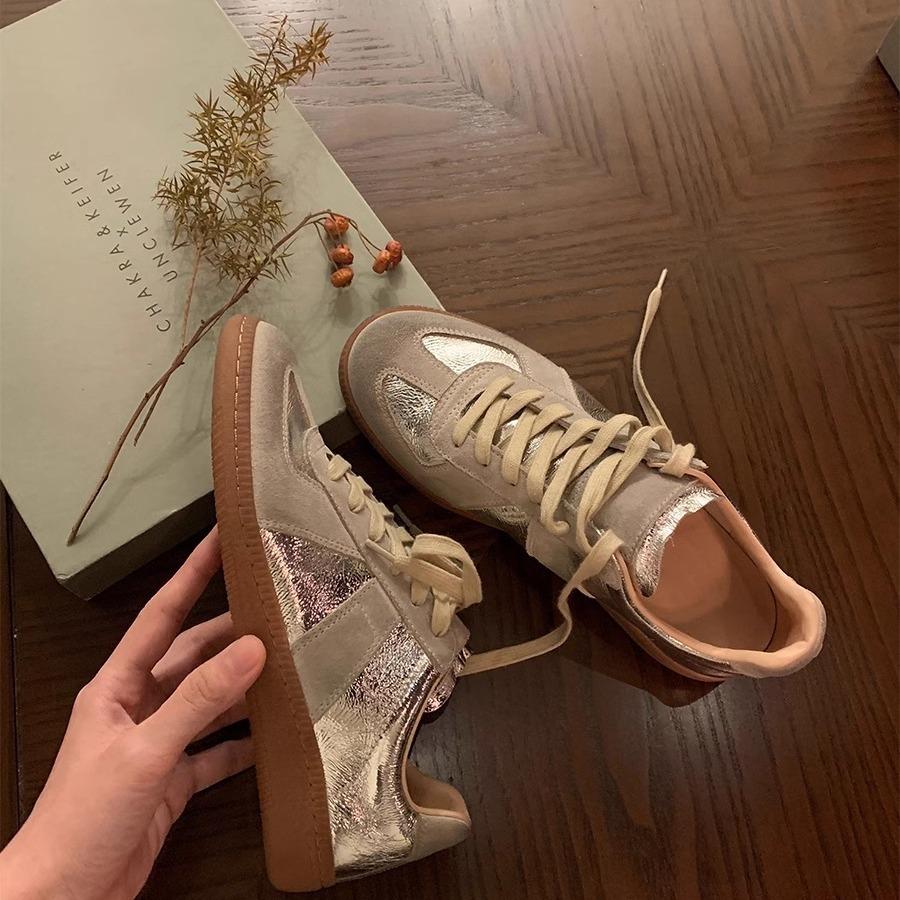 Cowhide Version~ Silver Women's Leather Color Matching Casual Sports Versatile Board Shoes Flat Thick Sole