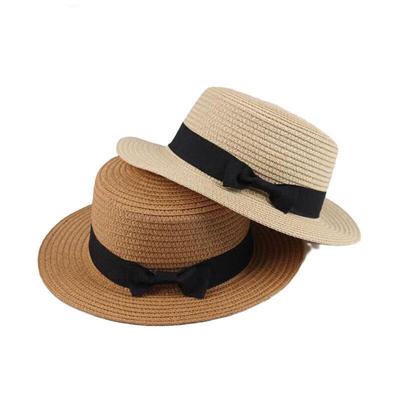 Faltbarer Damen-Sonnenhut im koreanischen Stil mit Schleife - Strohhut mit flacher Krempe für Eltern-Kind Sommer Outdoor Sonnenschutz