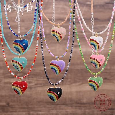 New Wear Colorful Dripping Love Beaded Necklace, Small Fresh Women's Simple Heart-shaped Small Pendant