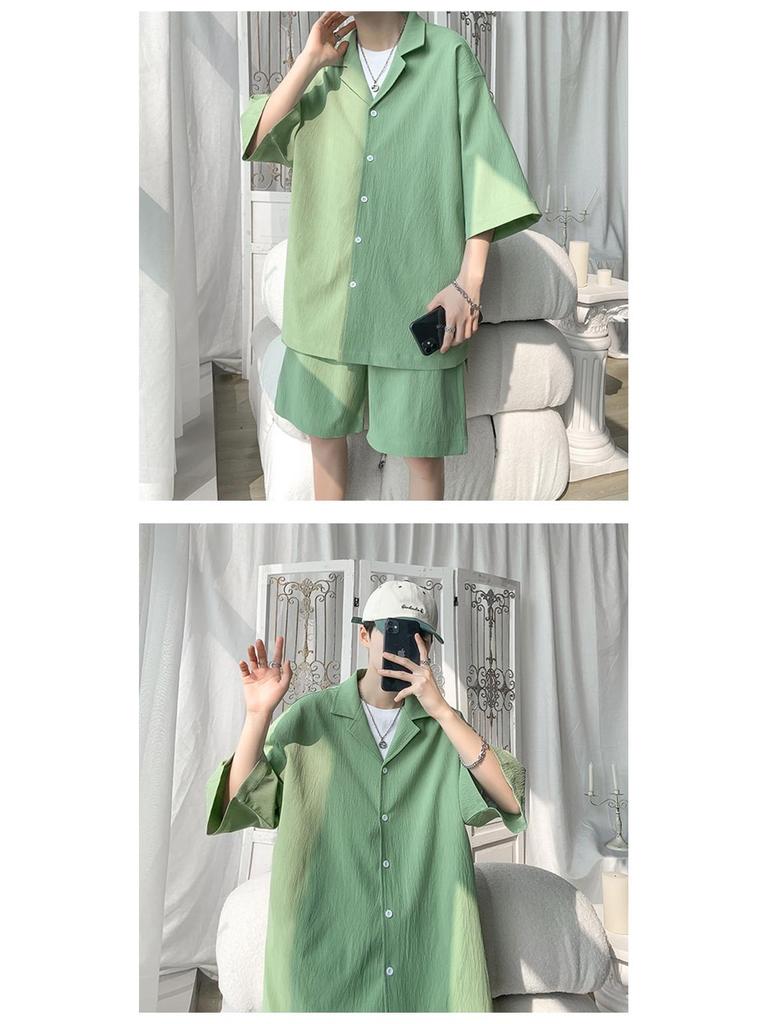 Men's Hong Kong Style Casual Short Sleeve Shirt & Loose Sports Shorts Two-Piece Set