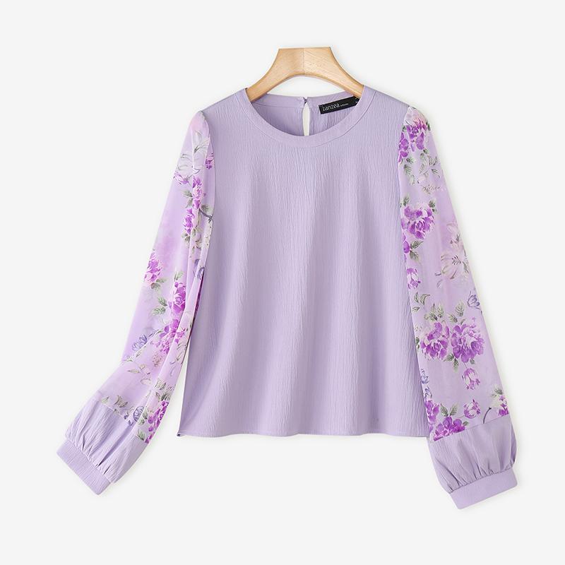 ZANZEA Women Casual Floral Print Splice Long Sleeve Round Neck Loose Blouse