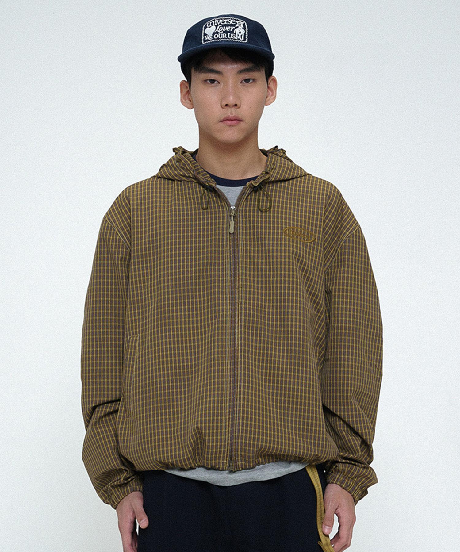 Universe Garment Check Hooded Windbreaker Jumper_Brown
