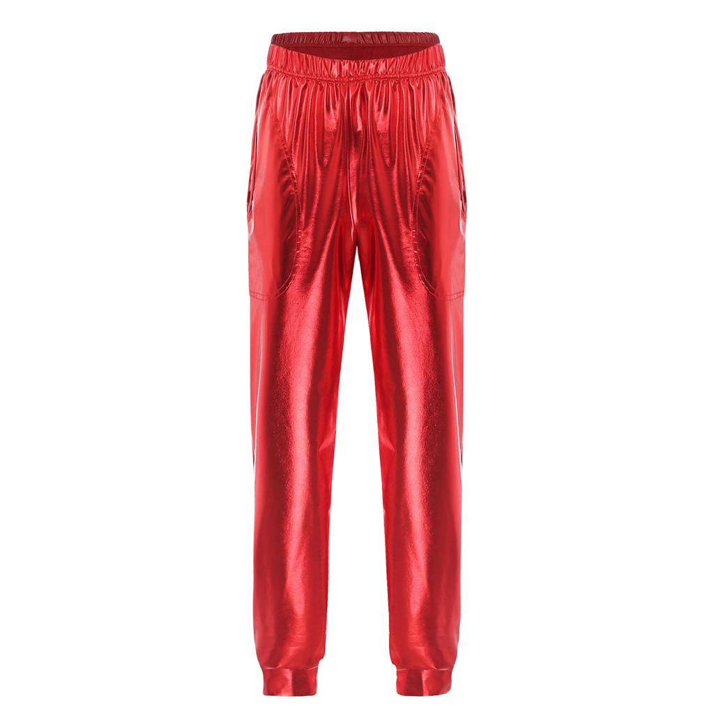 Damen Metallic Tanzhose Hoher Bund Elastischer Bund Lockerer Schnitt Sporthose Glänzender Schimmer Moderne Hose