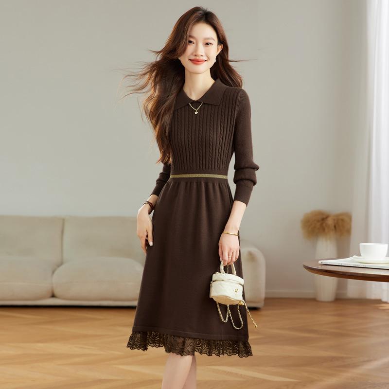 Lapel Lace Temperament Elegant Knitted Dress Women's Autumn and Winter New with Coat Inside with Long Sweater Skirt
