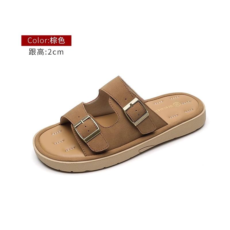 Leather version! Birkenstock slippers women s summer wear 2025 new flat-bottomed double-breasted Birkenstock sandals casual one-word drag 42 коричневый