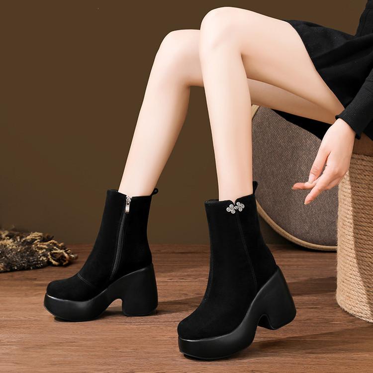 Coarse Heel Waterproof Table Short Boots Women's 10.5cm Autumn and Winter New Leather Platform Super High Heels Versatile and Comfortable Martin Boots