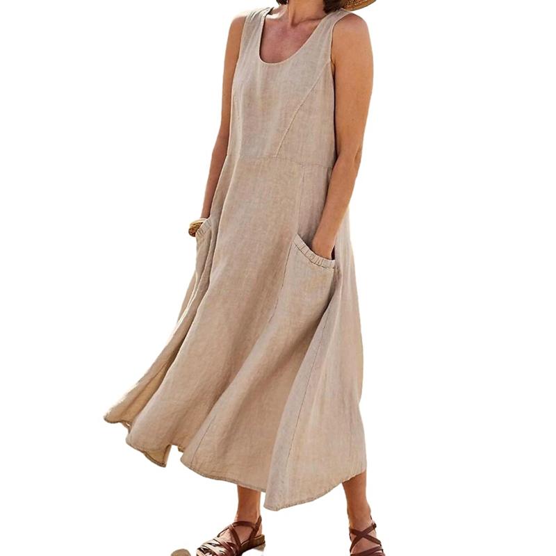 Women Summer Solid Color Crew Neck Sleeveless Cotton Linen Dress Loose Casual Long Dress