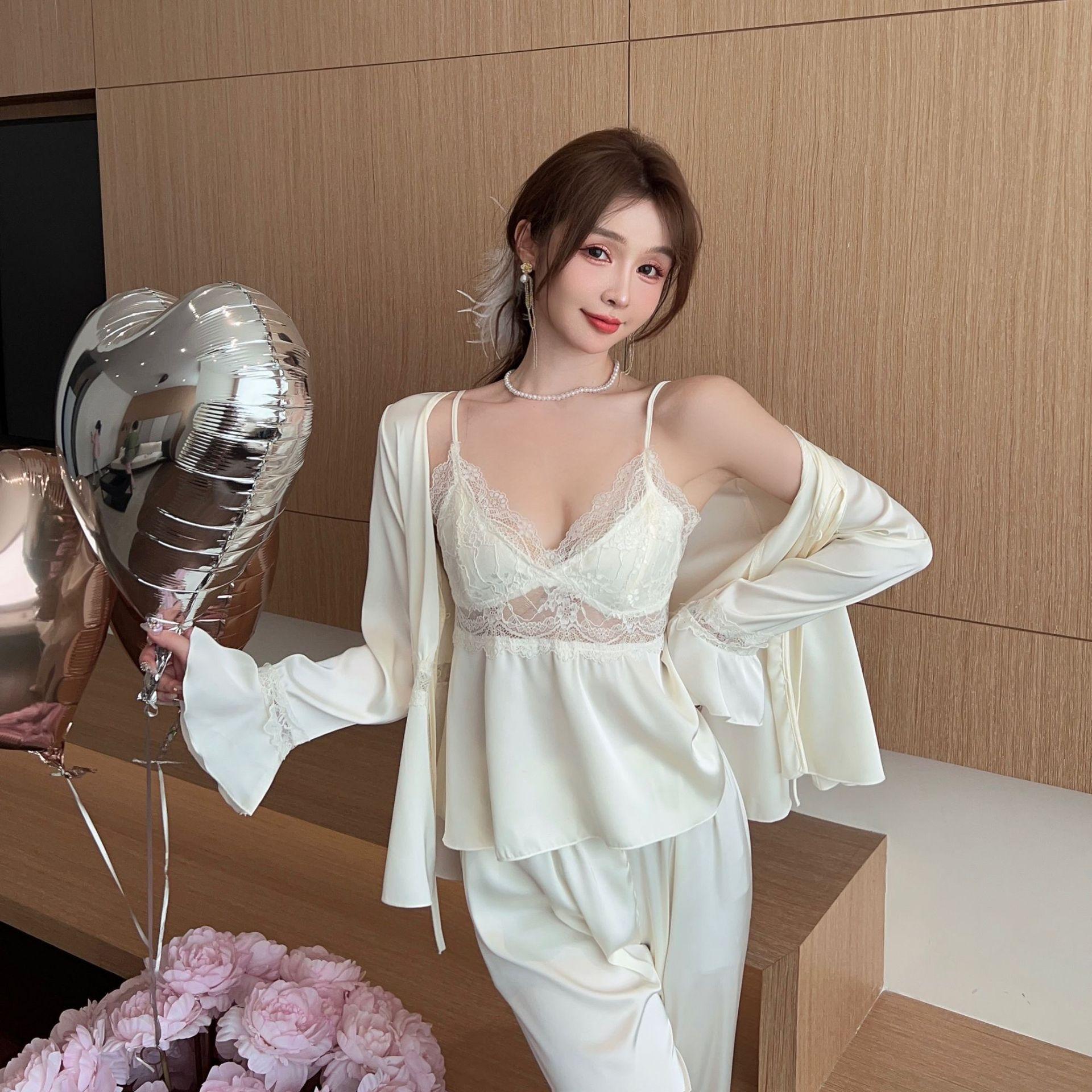 Pyjama sexy pour femme en soie glacée, ensemble trois pièces à bretelles, pur désir, avec coussinets de poitrine, dentelle, nouvelle tenue d'intérieur XL