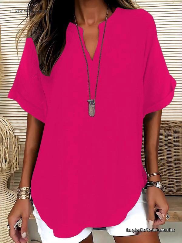 Women's Summer Loose Solid V-Neck Casual Shirt