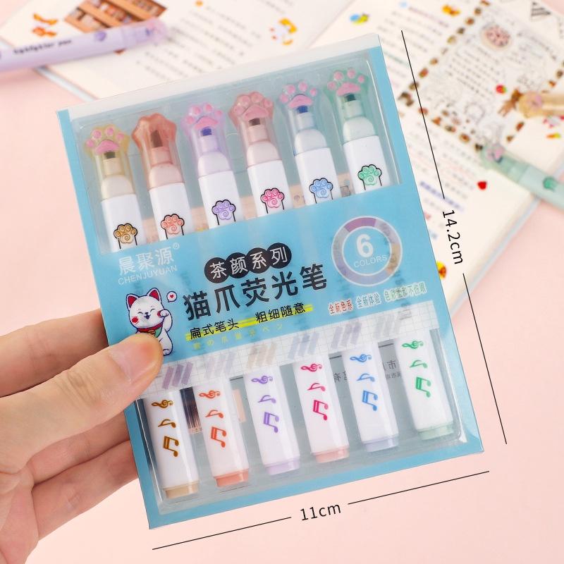 6 Pieces Kit Kawaii Cat Paw Highlighter 6 Colors Slanted Tip Markers Liquid Ink for Student School Stationery Office Supplies