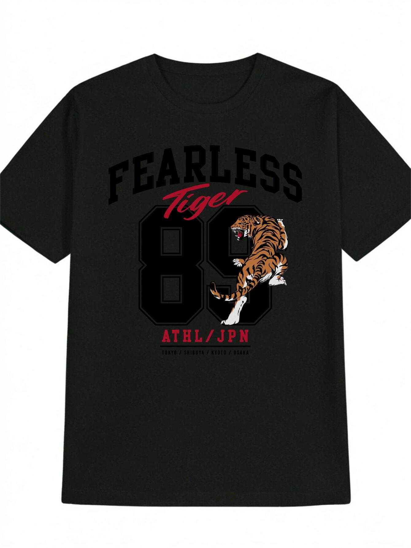 Black Casual Round Neck T-shirt with Fearless Tiger Graphic Print XXXXL