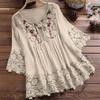 Women Plus Size Loose Shirt Half Sleeve Lace Flower Embroidery
