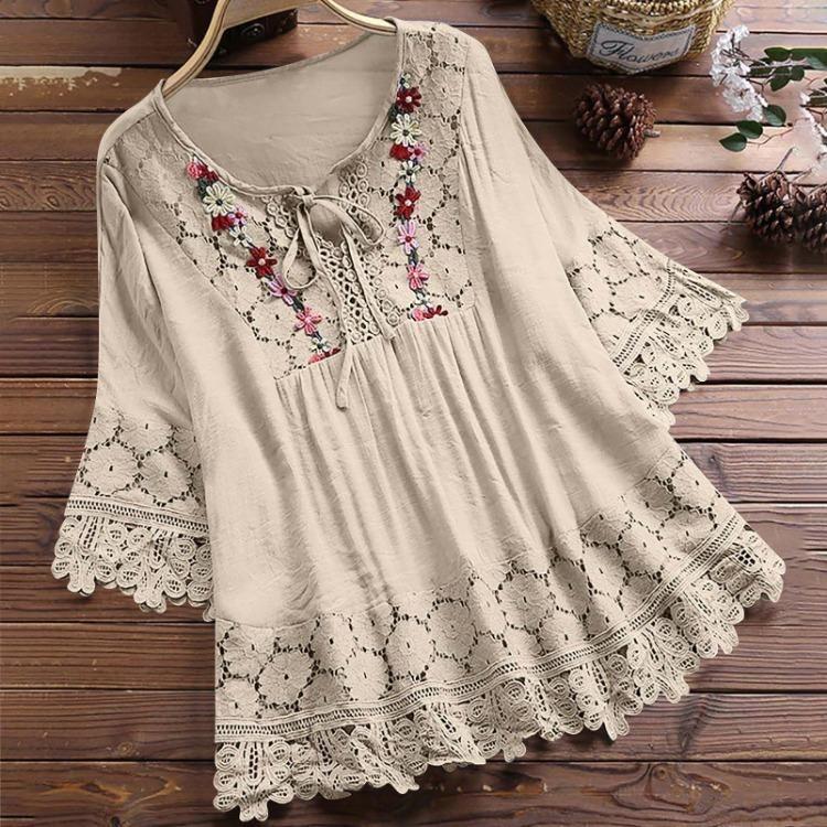 Women Plus Size Loose Shirt Half Sleeve Lace Flower Embroidery