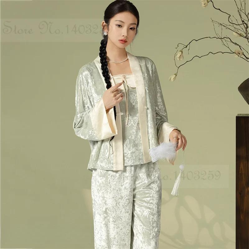 

Элегантная жаккардовая пижама с бабочками, кардиган, брючные костюмы, новая бархатная пижама в китайском стиле, комплект из 3 предметов для женской домашней одежды XL зелёный