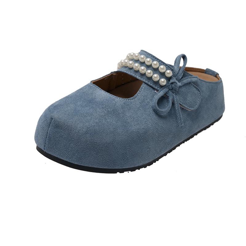 Fashion Flat Shoes Women Fashion Round Head Shallow Mouth Suede Beaded Butterfly Knot Soft Sole Anti-slip Wear Slippers