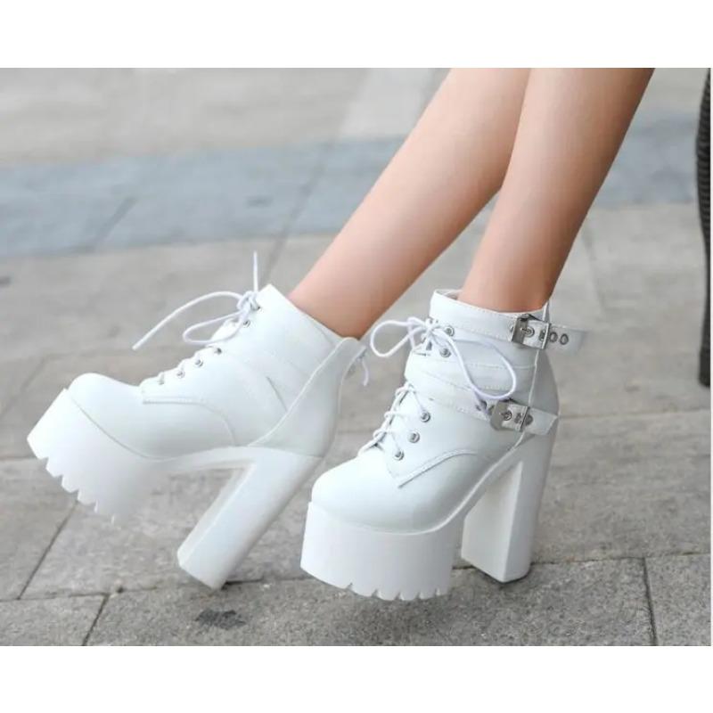 Fashion 2025 Spring New Korean Thick Heels Short Boot 14cm Super High Heel Womens Shoes Platform Sexy White Fashion Ankle Boots