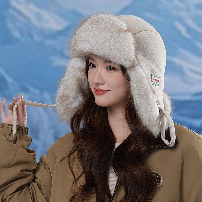 Thickened Wind and Cold Lightning Front Hat Winter Women's Outdoor Fleece Ear Protection Hat Plush Ski Hat