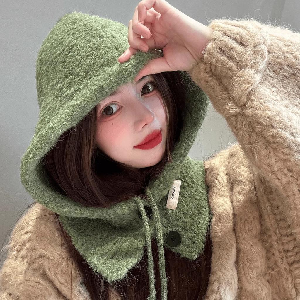 Autumn and Winter New Korean Style Anti Aging Balacala Cap Buttoned Scarf Cap One Piece Women's Ear Protecting and Warm Knitted Cap