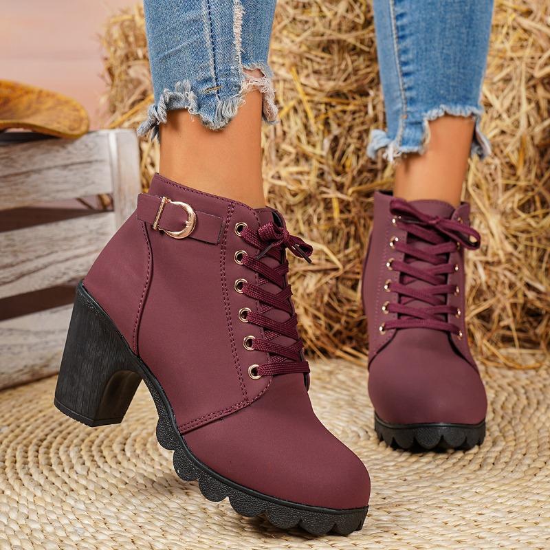 

Модные ботильоны большого размера на шнуровке с пряжкой спереди, женские, с круглым носком, на платформе, нескользящие, на блочном каблуке 35 вино красного