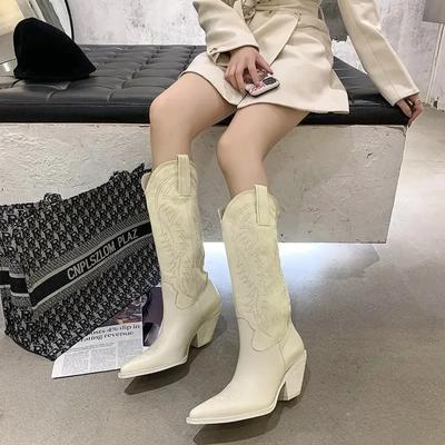 Weiße Cowboy-Stiefel Retro Schmalspitze Hoher Schaft Ritterstiefel Dicke Absatzstiefel Damen Kniehohe Stiefel Cowboy-Stiefel für Damen