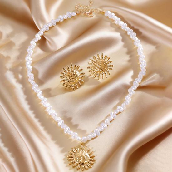 Böhmische Ohrringe Halskette Unregelmäßige Kette Imitation Perlen Halskette Retro Abgenutzte Sonnenform Ohrstecker Gesicht Schlankmachender Schmuck
