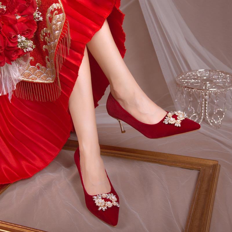 Red Bridal Shoes Wedding Dowry Light Luxury High-end Pearl High Heels Medium Heel Large Size Single Shoes