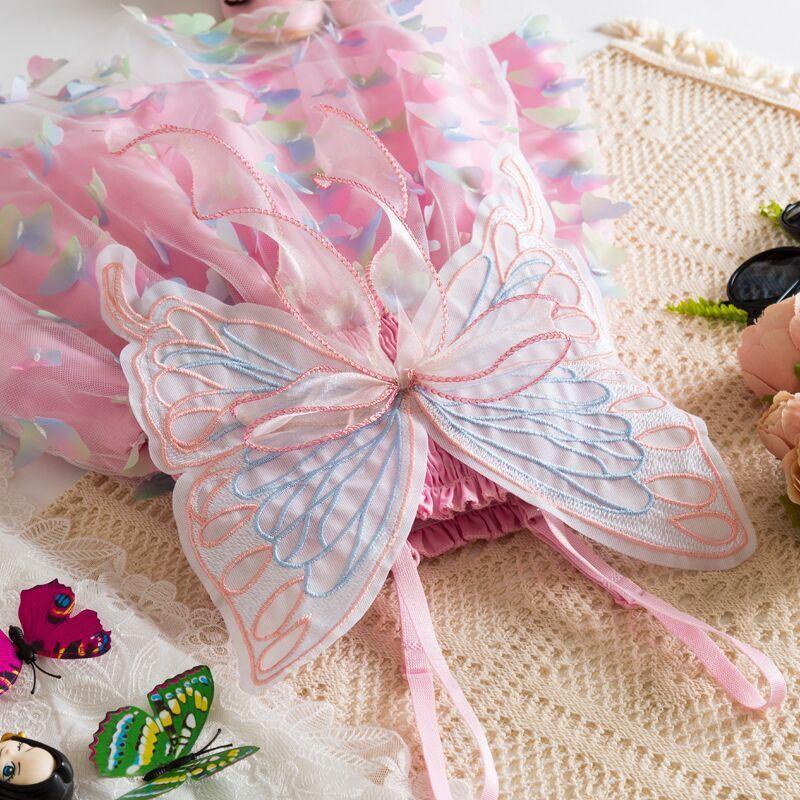 Vílí motýlí šaty pro dívky Sling tylové mačkané šaty Dětské narozeninové a svatební šaty s duhovým motýlem 2-6 let nošení